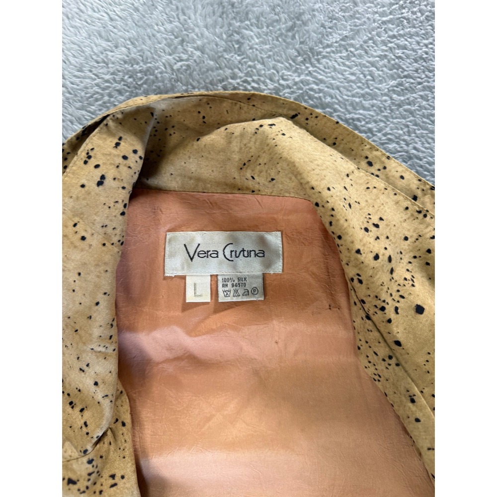 Vera Cristina Vintage 100 Silk Splatter Print Cropped Bomber Jacket Tan Large - Picture 7 of 11